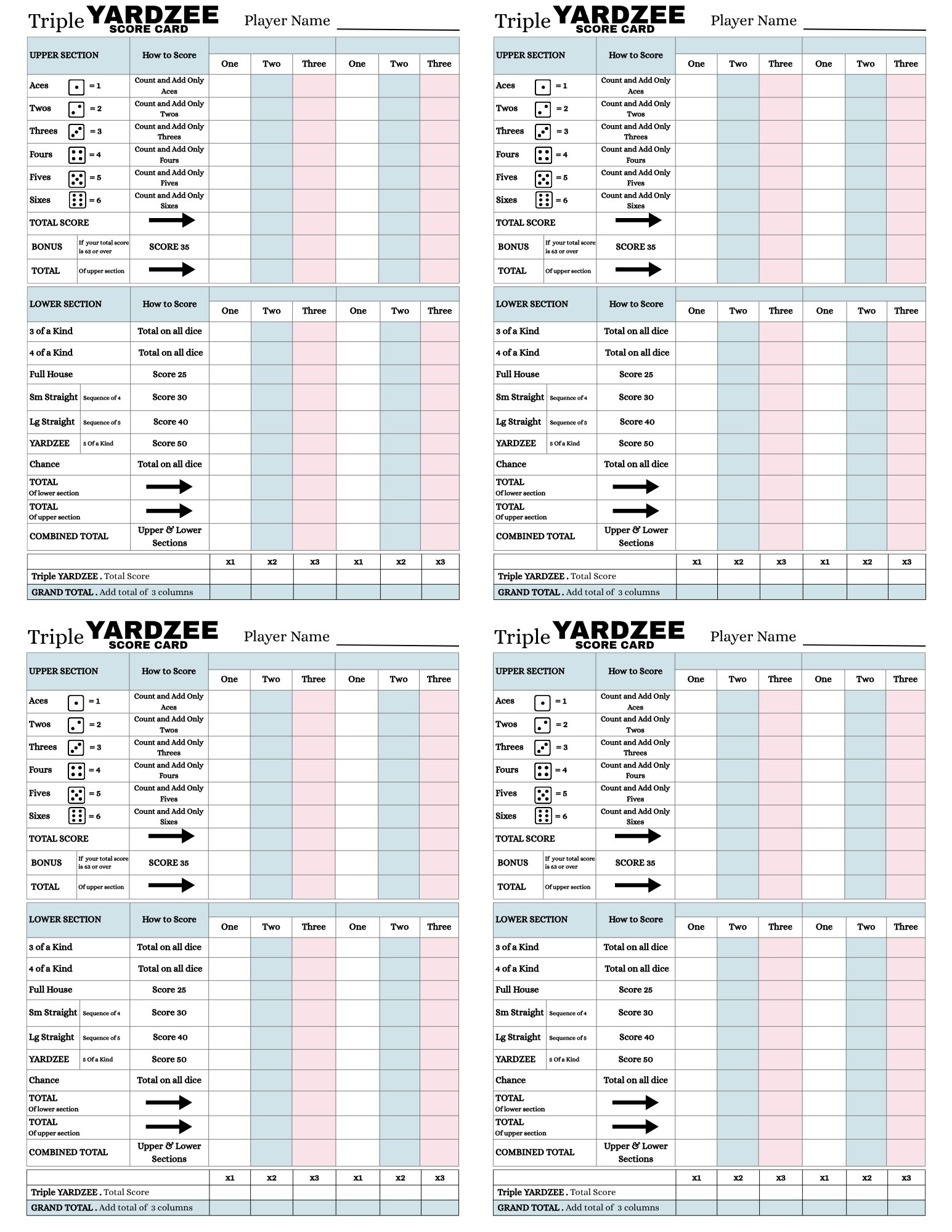 Triple Yahtzee Score Sheets (4 per page)
