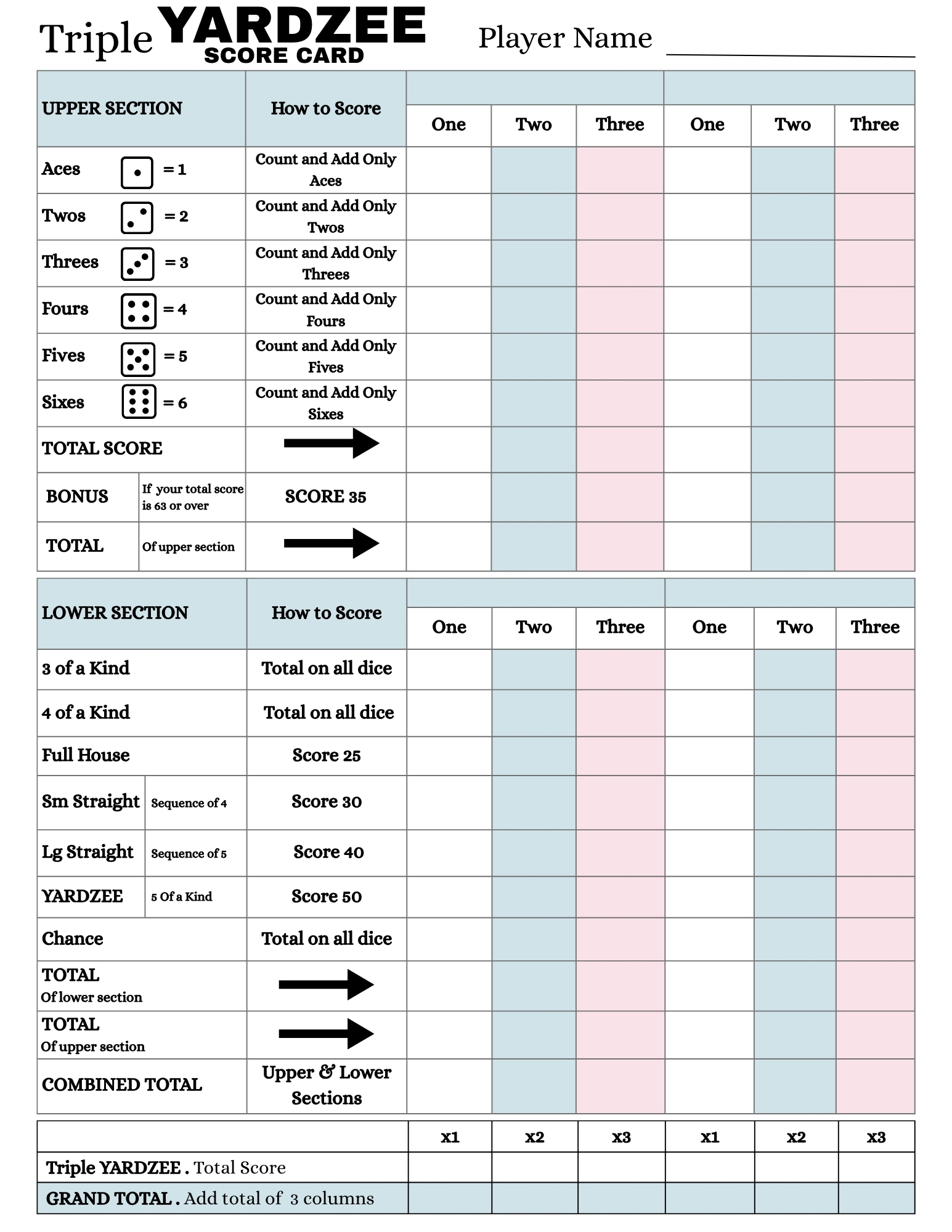 Triple Yahtzee Score Sheet