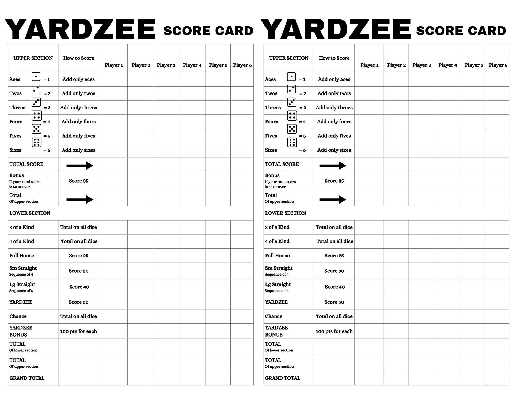 YARDZEE Score Sheets (2 per page)