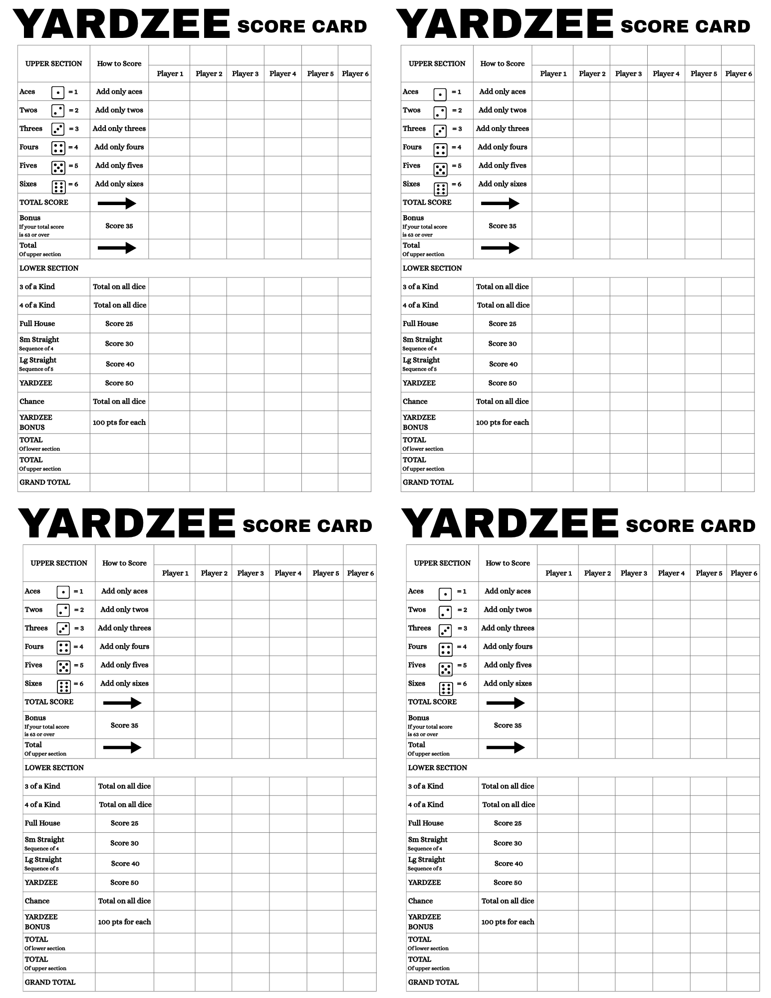 YARDZEE Score Sheets (4 per page)